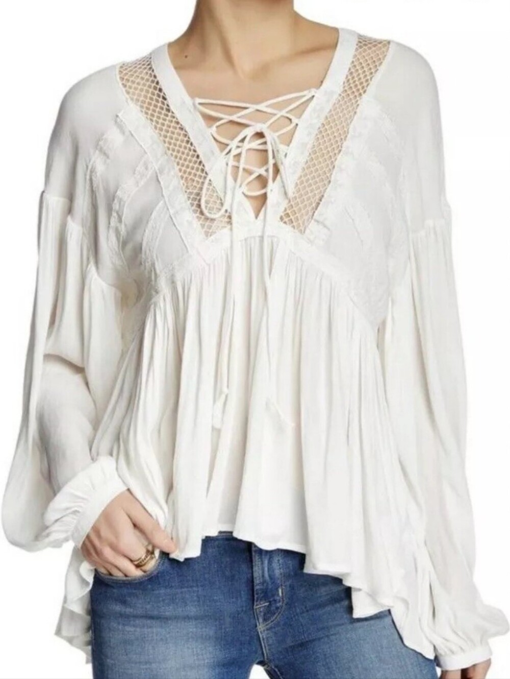 Cato Bohemian White Lace-Up Tunic Top